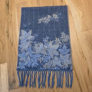 V.FRAAS Woven Acrylic Rectangle Scarf Blue Yellow Floral Fringe Cozy 11 X 52